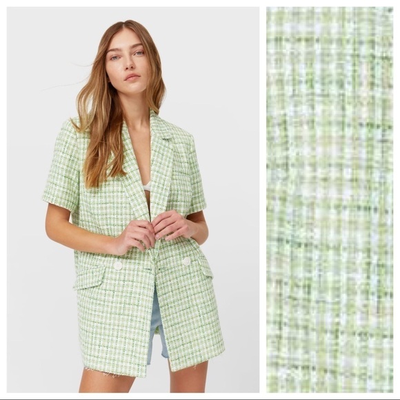 NWT. Stradivarius Green/White Short-Sleeved Checked Blazer. Size S. - Picture 1 of 8